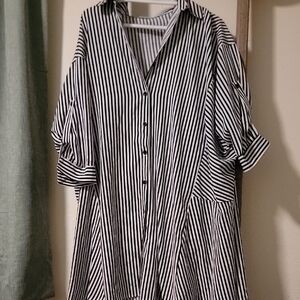 OVERSIZED Black and White Casual Button Down Shirt DRESS with Stripes